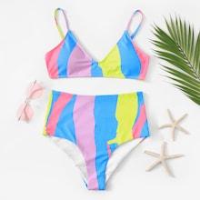 Romwe Random Pattern Colorblock Bikini Set