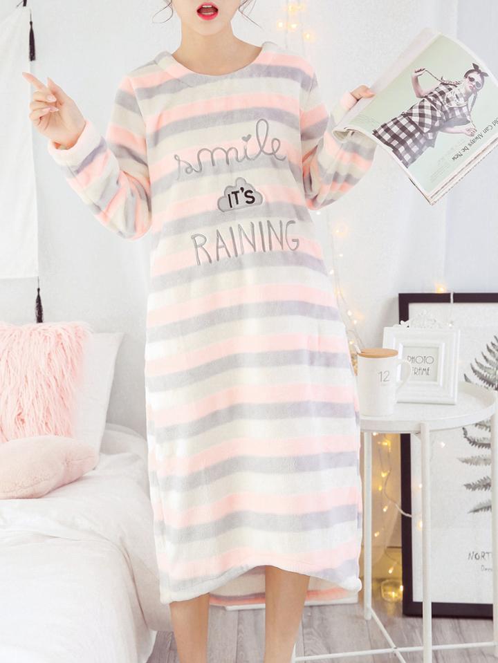 Romwe Slogan Embroidered Striped Plush Night Dress