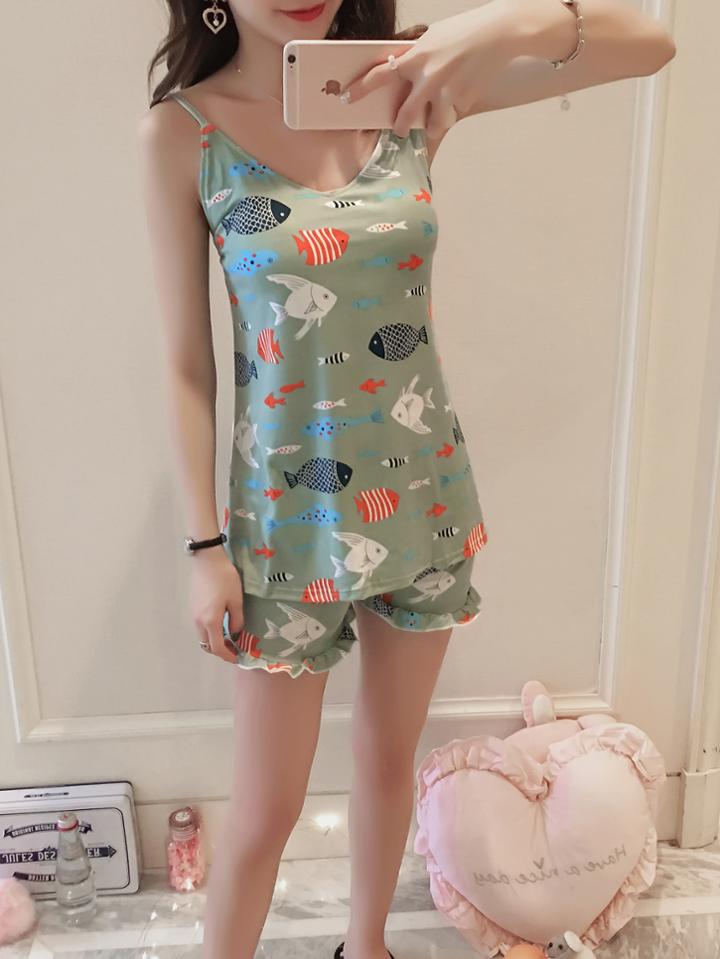 Romwe Fish Print Cami & Frill Trim Shorts Pj Set