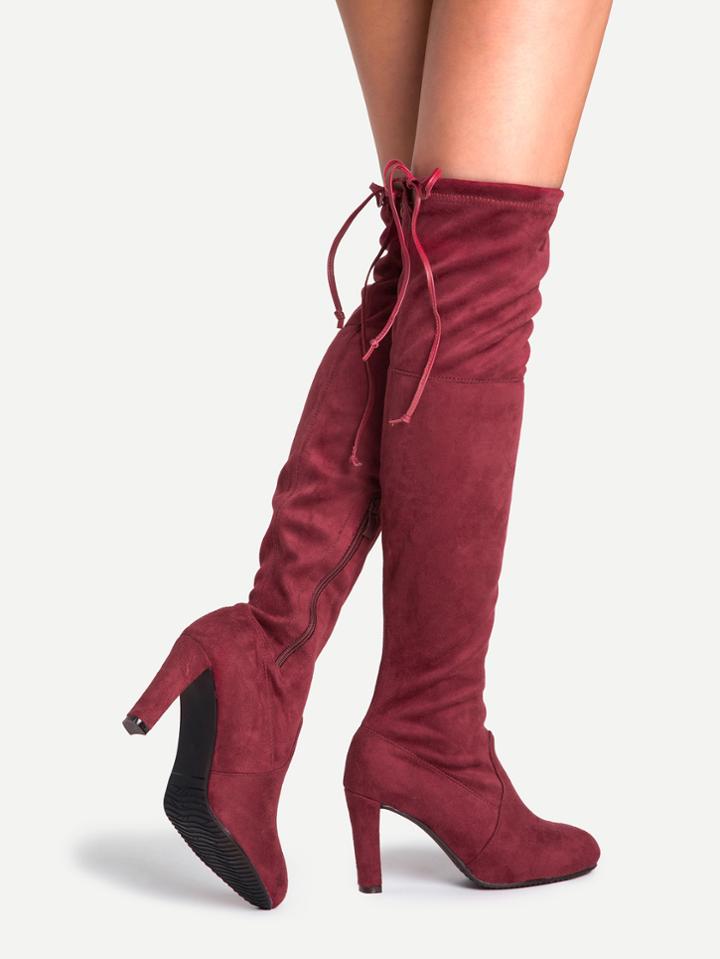 Romwe Burgundy Faux Suede Lace Up Side Zipper Over The Knee Boots