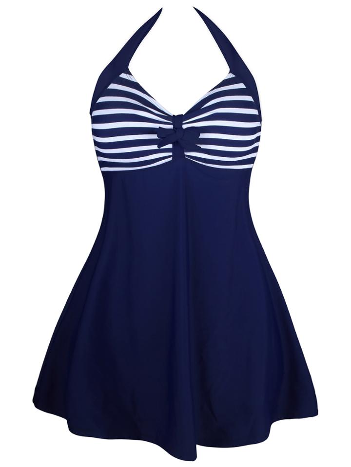 Romwe Blue Striped Print Halter Swim Dress