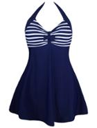Romwe Blue Striped Print Halter Swim Dress