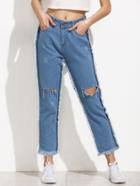 Romwe Blue Knee Ripped Frayed Jeans