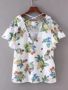 Romwe Criss Cross V Neck Ruffle Trim Top