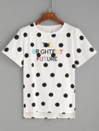 Romwe White Polka Dot Dip Hem Embroidered T-shirt