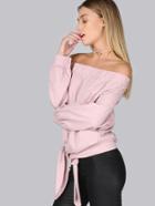 Romwe Bow Tie Front Off Shoulder Sweater Mauve
