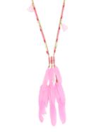 Romwe Pink Woven Feather Pendant Necklace