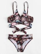 Romwe Cutout Wrap Floral Bikini Set