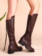Romwe Brown Pu Almond Toe Side Zipper Knee Boots