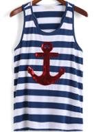 Romwe Blue Striped Anchor Sequined Tank Top