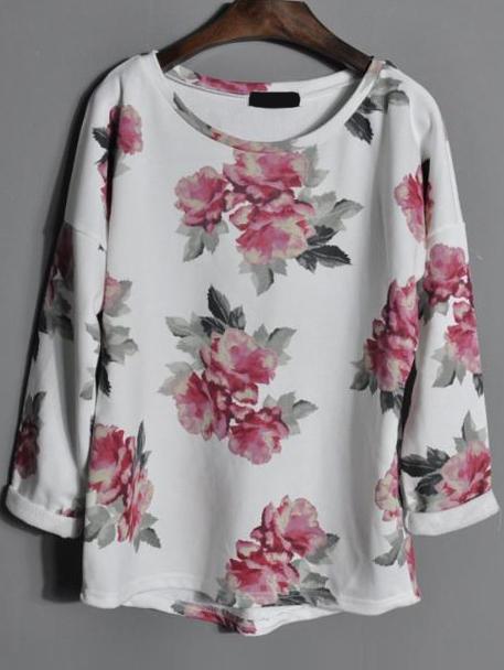 Romwe Long Sleeve Florals Asymmetrical T-shirt