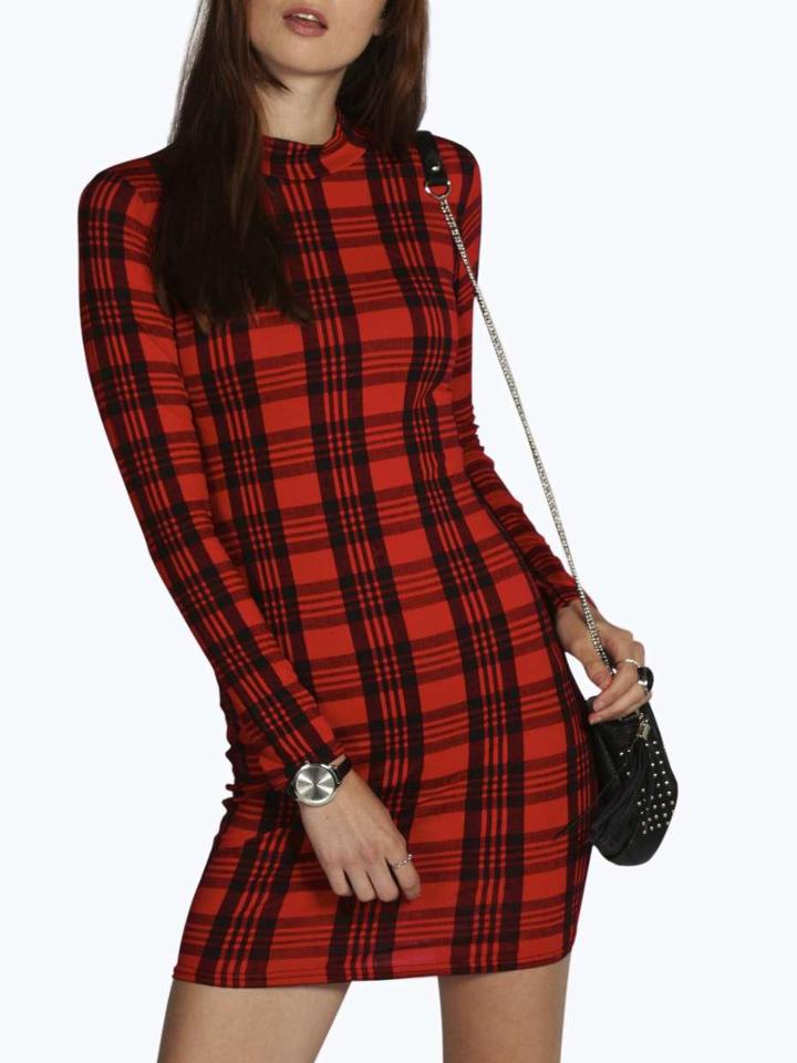 Romwe Red Plaid Mock Neck Bodycon Dress