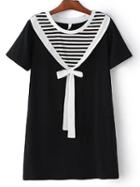Romwe Black And White Round Neck Stripe Bow Dress