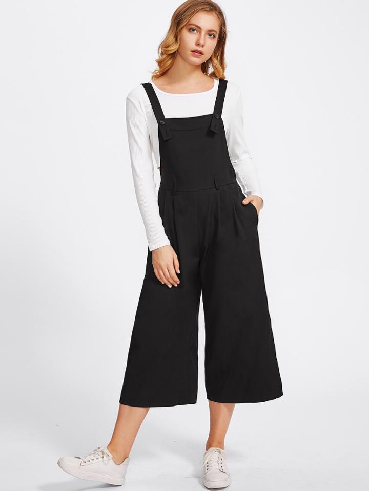 Romwe Buttoned Strap Elastic Waist Culotte Jumpsuit