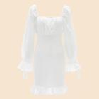 Romwe 80s Lace Eyelet Square Neck Bell Sleeve Shirred Dress
