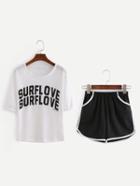 Romwe Letters Print Top With Contrast Elastic Waist Shorts