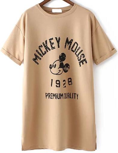 Romwe Mickey Print Side Split Khaki T-shirt