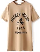 Romwe Mickey Print Side Split Khaki T-shirt