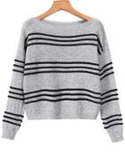 Romwe Striped Crop Knit Grey Sweater