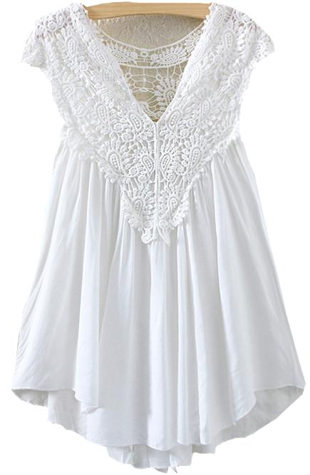 Romwe V Neck Lace Crochet Hollow Top