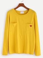 Romwe Yellow Heart Embroidered Pockets T-shirt
