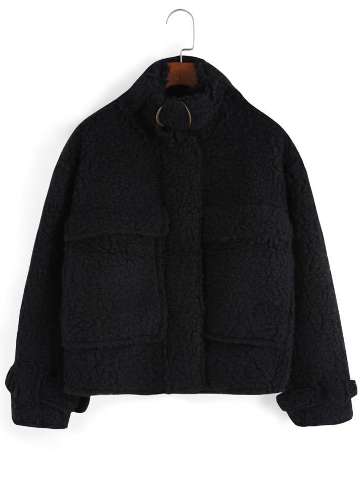 Romwe Stand Collar Pockets Loose Coat
