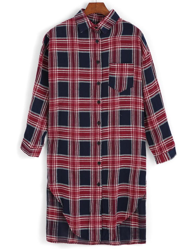 Romwe Lapel Dip Hem Plaid Slit Shirt Dress