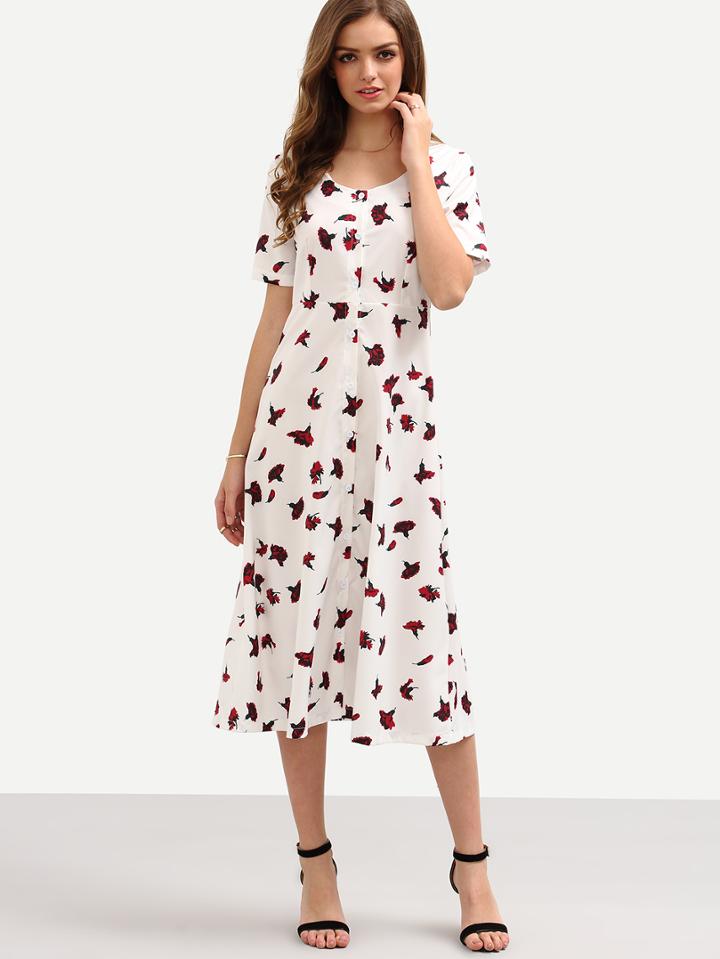 Romwe Buttoned Front Rose Print Long Dress - White