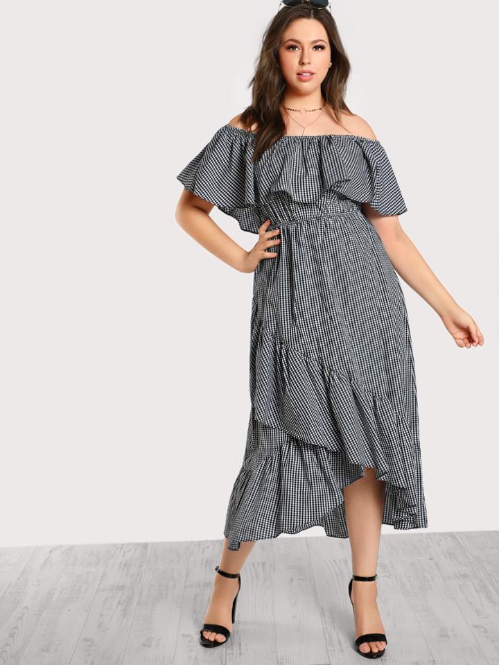 Romwe Off Shoulder Gingham Asymmetric Hem Dress