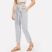 Romwe Tie Waist Frill Trim Striped Pants