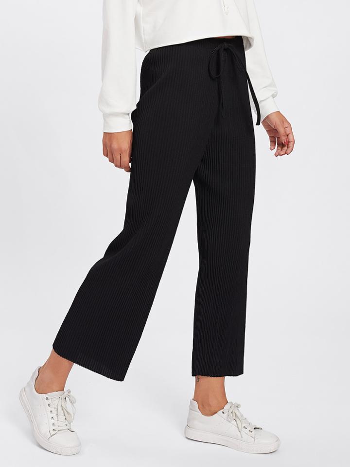 Romwe Drawstring Waist Ribbed Wide Leg Pants