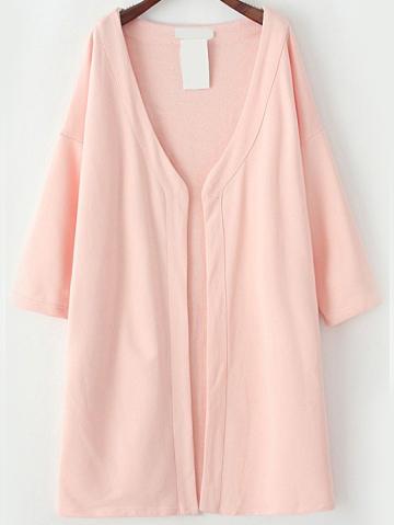 Romwe Long Sleeve Open Front Loose Pink Coat
