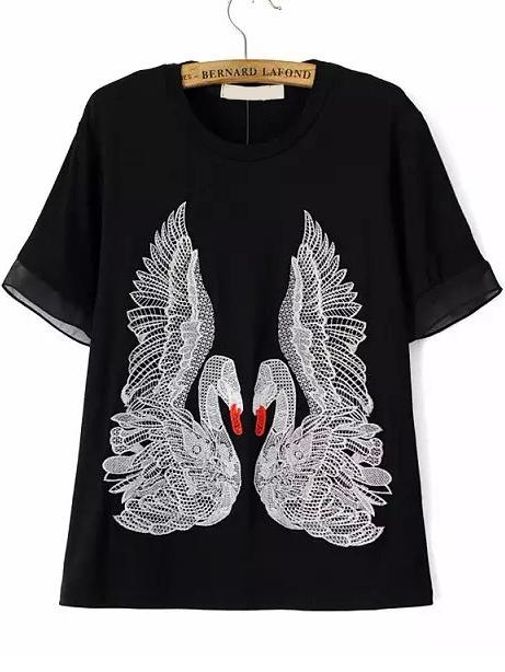 Romwe Swan Embroidered Black T-shirt