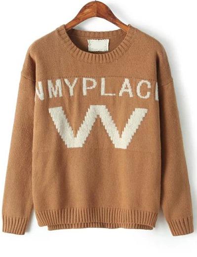 Romwe W Nmyplace Print Knit Khaki Sweater