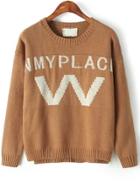 Romwe W Nmyplace Print Knit Khaki Sweater