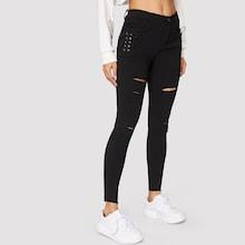 Romwe Button Waist Ripped Lace-up Side Jeans