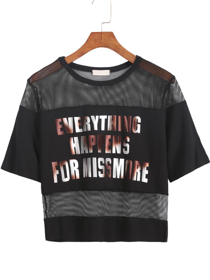 Romwe Black Short Sleeve Sheer Mesh Letters Print T-shirt