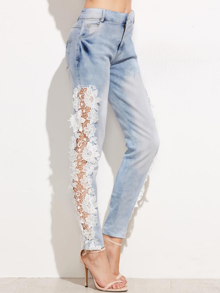 Romwe Pale Blue Crochet Hollow Denim Pants