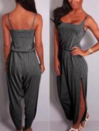 Romwe Elastic Waist Side-slit Cami Jumpsuit - Grey