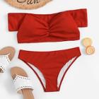 Romwe Off The Shoulder Shirred Top With Ribbed Bikini Set