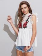 Romwe 3d Embroidery Applique Frilled Smock Top