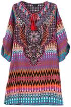Romwe Multicolor Knotted Collar Vintage Tribal Print Loose Dress