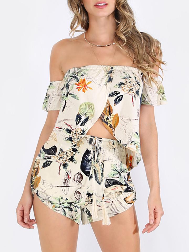 Romwe Multicolor Floral Off The Shoulder Blouse With Shorts