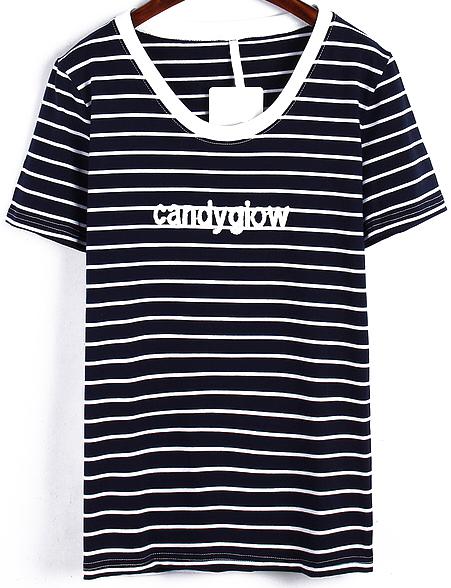 Romwe Candyglow Embroidered Striped Navy T-shirt