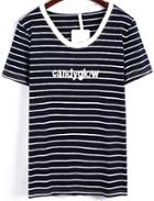 Romwe Candyglow Embroidered Striped Navy T-shirt