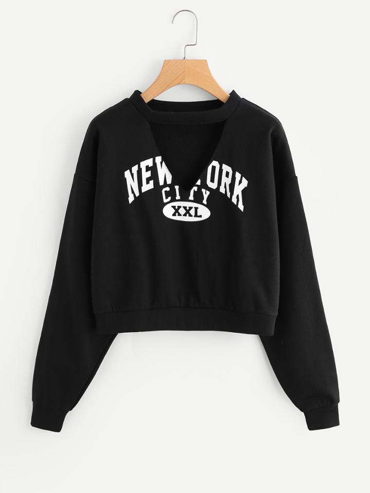 Romwe Cut Out Choker Neck Slogan Print Crop Pullover