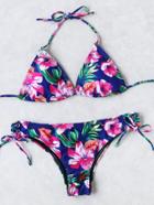 Romwe Floral Print Lace Up Detail Triangle Bikini Set