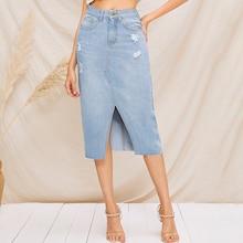 Romwe Ripped Detail Bleach Wash Split Denim Skirt