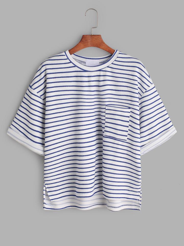 Romwe Blue Stripped High Low Drop Shoulder T-shirt