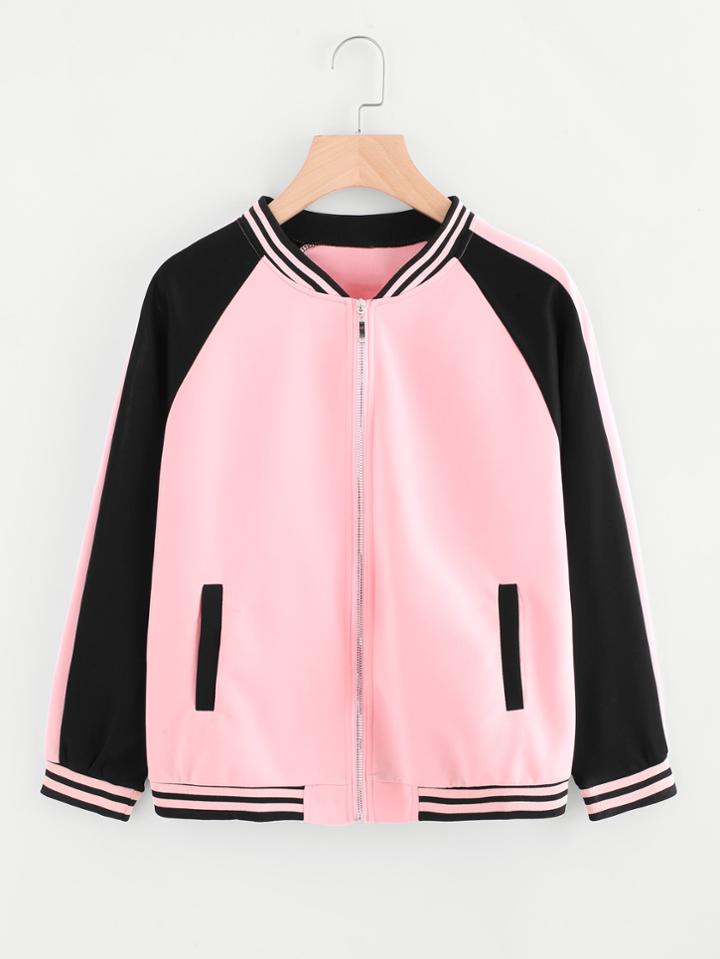 Romwe Two Tone Striped Trim Baseball Jacket